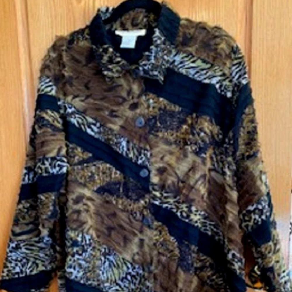Cynthia Bradley Button Front Shirt Blazer Black/Tan/Animal Print Feathered 1X